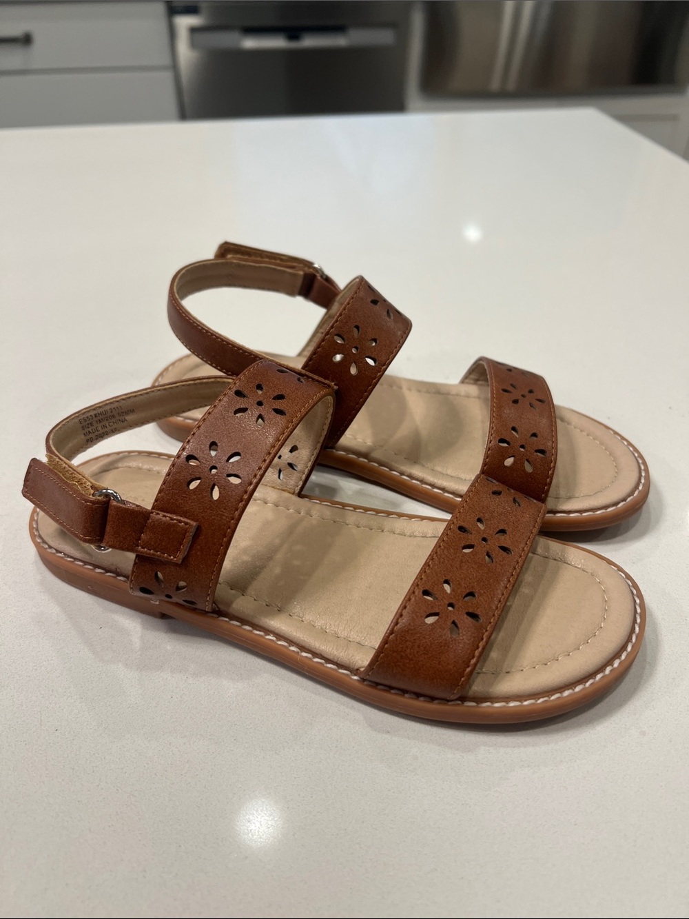 Girls Tan Floral Cutout Double-Strap Sandals